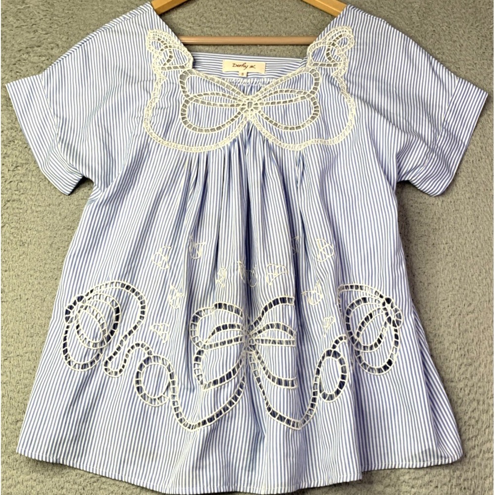 Rene Derhy Top Womens Small Short Sleeve Eyelet Embriodered Blue White Striped
